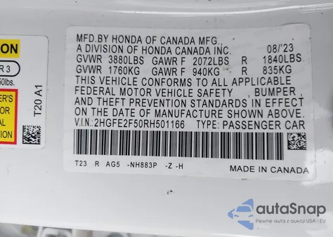 2024 Honda Civic Sport z USA, uszkodzony, nr VIN 2HGFE2F50RH501166